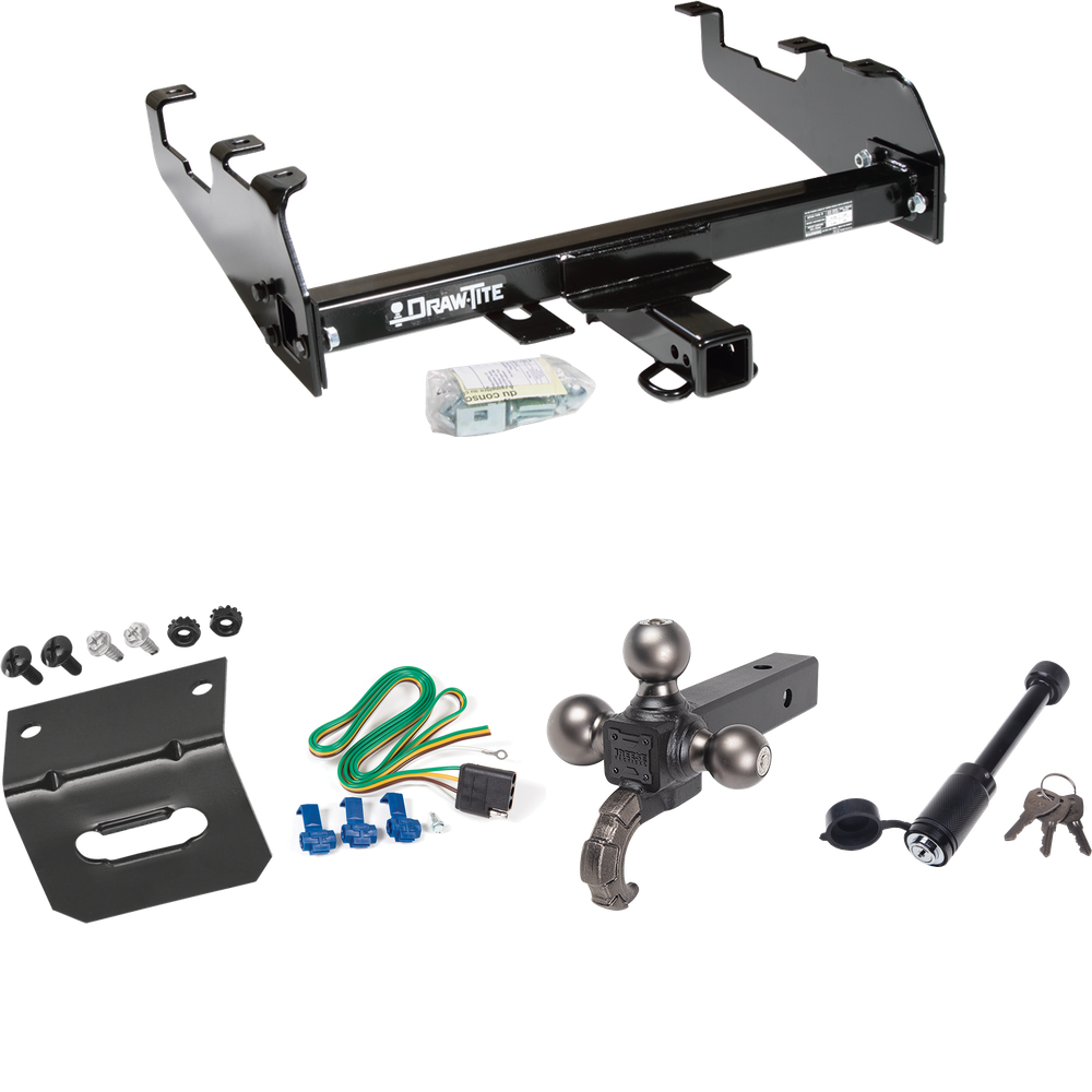 Fits 1985-1986 Chevrolet K30 Trailer Hitch Tow PKG w/ 4-Flat Wiring + Triple Ball Tactical Ball Mount 1-7/8" & 2" & 2-5/16" Balls w/ Tow Hook + Tactical Dogbone Lock + Wiring Bracket (For w/Deep Drop Bumper Models) By Draw-Tite