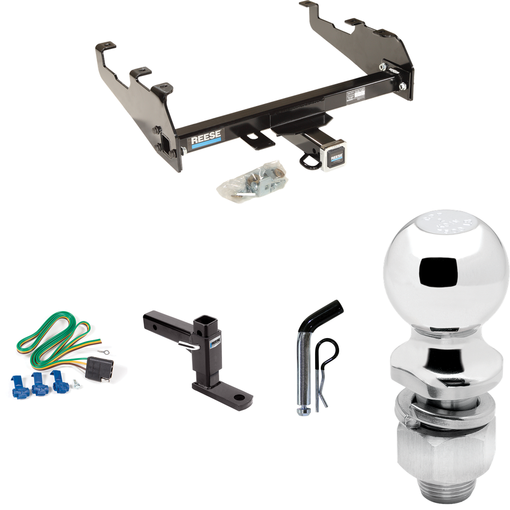 Fits 1980-1986 Ford F-150 Trailer Hitch Tow PKG w/ 4-Flat Wiring Harness + Adjustable Drop Rise Ball Mount + Pin/Clip + 2" Ball (For w/Deep Drop Bumper, Except w/Custom Fascia Models) By Reese Towpower