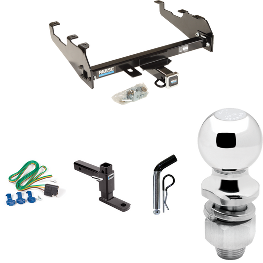 Fits 1980-1986 Ford F-150 Trailer Hitch Tow PKG w/ 4-Flat Wiring Harness + Adjustable Drop Rise Ball Mount + Pin/Clip + 2" Ball (For w/Deep Drop Bumper, Except w/Custom Fascia Models) By Reese Towpower