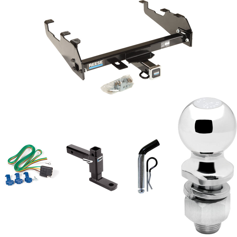 Fits 1967-1989 Dodge W100 Trailer Hitch Tow PKG w/ 4-Flat Wiring Harness + Adjustable Drop Rise Ball Mount + Pin/Clip + 2" Ball (For w/Deep Drop Bumper Models) By Reese Towpower