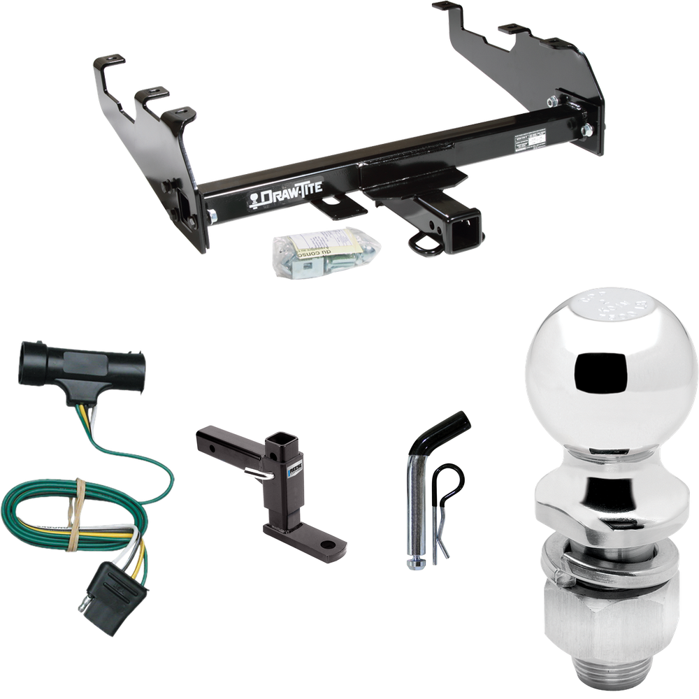 Fits 1973-1984 Chevrolet K30 Trailer Hitch Tow PKG w/ 4-Flat Wiring Harness + Adjustable Drop Rise Ball Mount + Pin/Clip + 2" Ball (For w/Deep Drop Bumper Models) By Draw-Tite