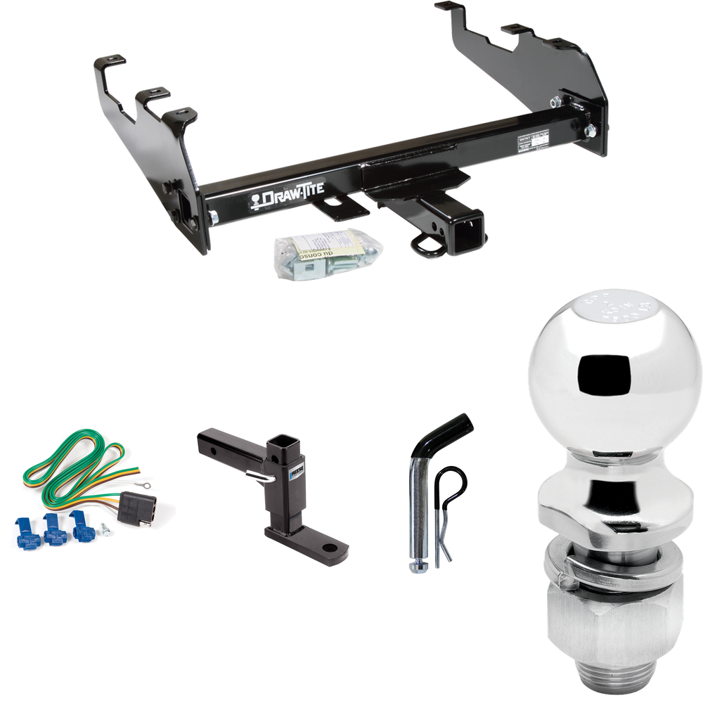 Fits 1963-1965 GMC 1000 Series Trailer Hitch Tow PKG w/ 4-Flat Wiring Harness + Adjustable Drop Rise Ball Mount + Pin/Clip + 2" Ball (For w/Deep Drop Bumper Models) By Draw-Tite
