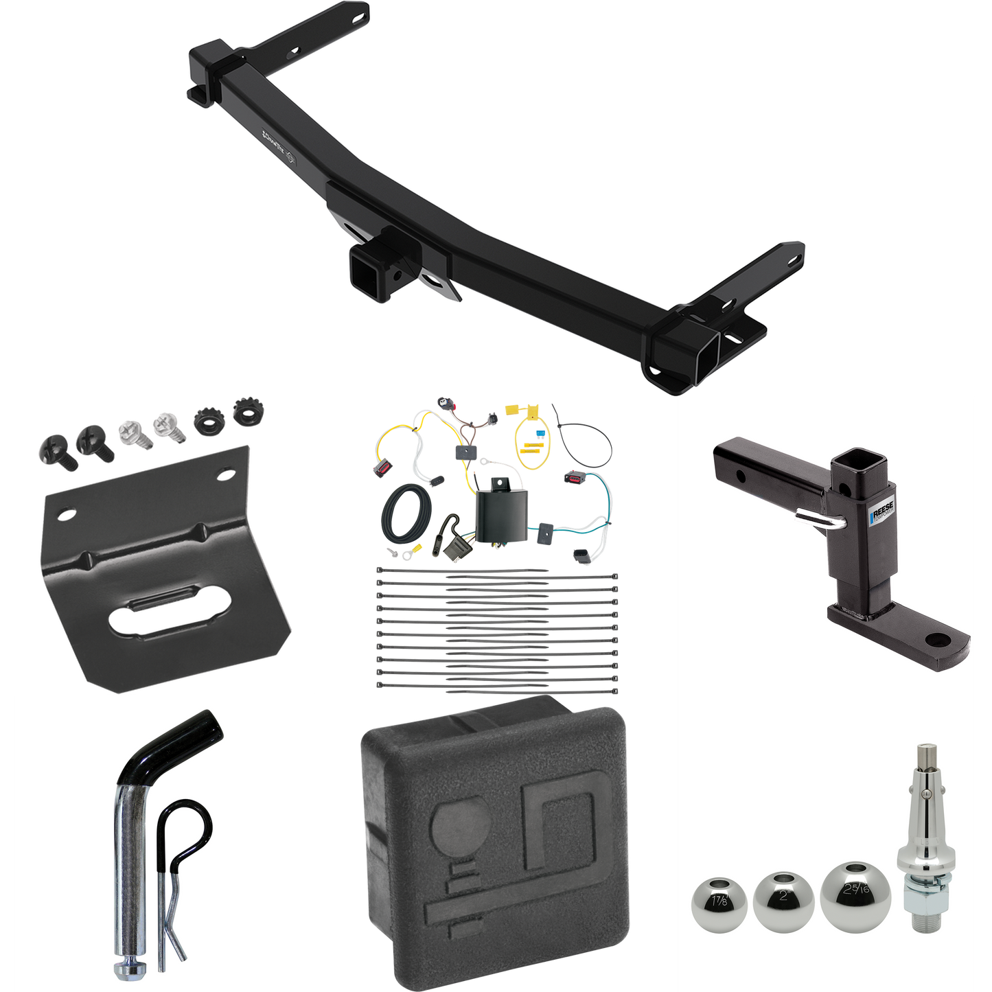 Fits 2014-2021 Jeep Grand Cherokee Trailer Hitch Tow PKG w/ 4-Flat Wiring + Adjustable Drop Rise Ball Mount + Pin/Clip + Inerchangeable 1-7/8" & 2" & 2-5/16" Balls + Wiring Bracket + Hitch Cover (For w/Removable OEM Fascia Panel Only Models) By Draw-