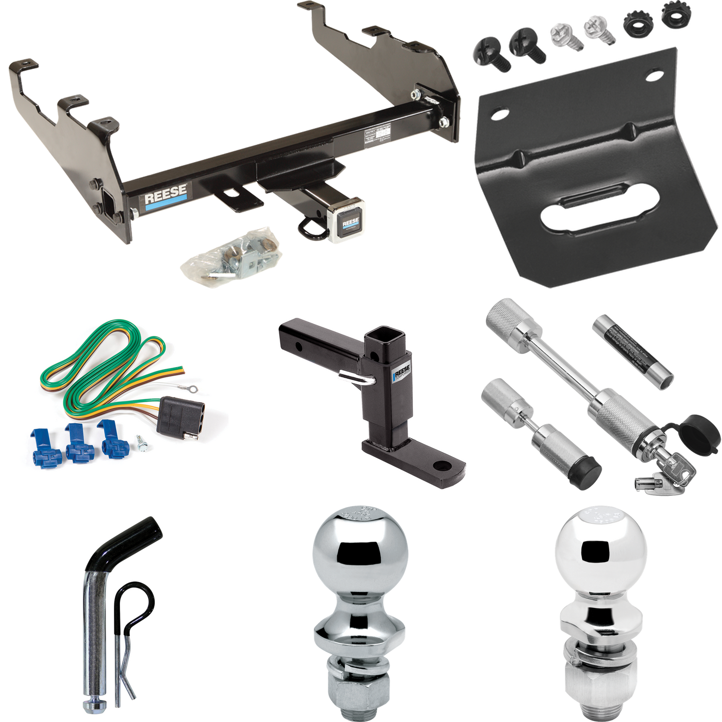 Fits 1963-1972 Chevrolet C20 Trailer Hitch Tow PKG w/ 4-Flat Wiring Harness + Adjustable Drop Rise Ball Mount + Pin/Clip + 2" Ball + 1-7/8" Ball + Dual Hitch & Coupler Locks (For w/Deep Drop Bumper Models) By Reese Towpower