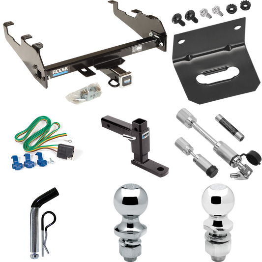 Fits 1963-1972 Chevrolet C20 Trailer Hitch Tow PKG w/ 4-Flat Wiring Harness + Adjustable Drop Rise Ball Mount + Pin/Clip + 2" Ball + 1-7/8" Ball + Dual Hitch & Coupler Locks (For w/Deep Drop Bumper Models) By Reese Towpower