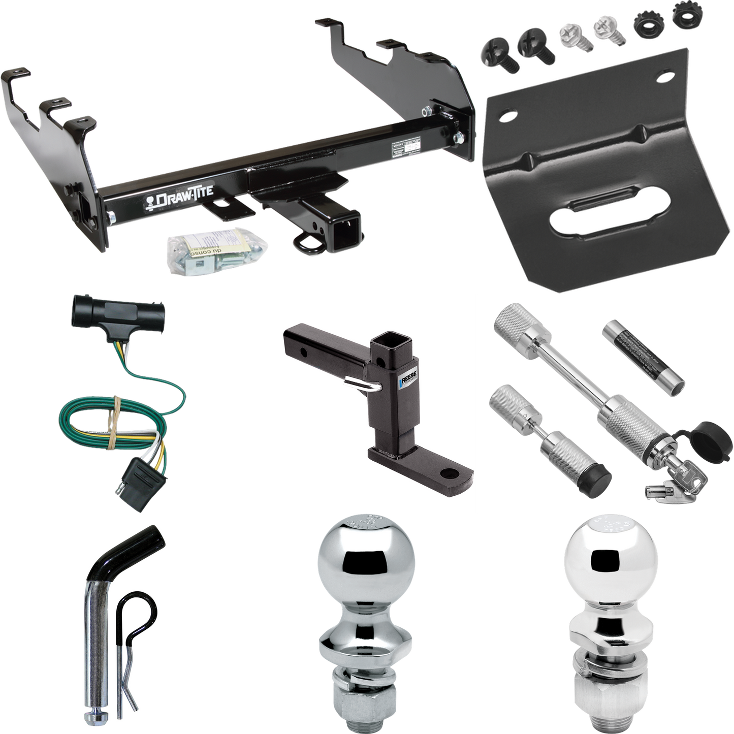 Fits 1979-1984 GMC K3500 Trailer Hitch Tow PKG w/ 4-Flat Wiring Harness + Adjustable Drop Rise Ball Mount + Pin/Clip + 2" Ball + 1-7/8" Ball + Dual Hitch & Coupler Locks (For w/Deep Drop Bumper Models) By Draw-Tite