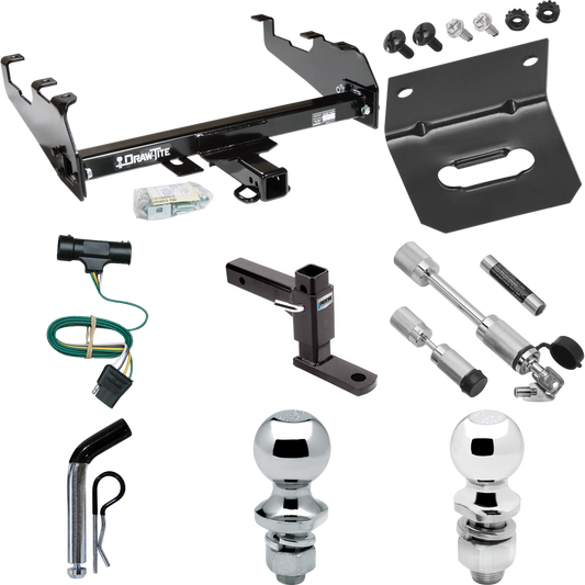 Fits 1979-1984 GMC K3500 Trailer Hitch Tow PKG w/ 4-Flat Wiring Harness + Adjustable Drop Rise Ball Mount + Pin/Clip + 2" Ball + 1-7/8" Ball + Dual Hitch & Coupler Locks (For w/Deep Drop Bumper Models) By Draw-Tite