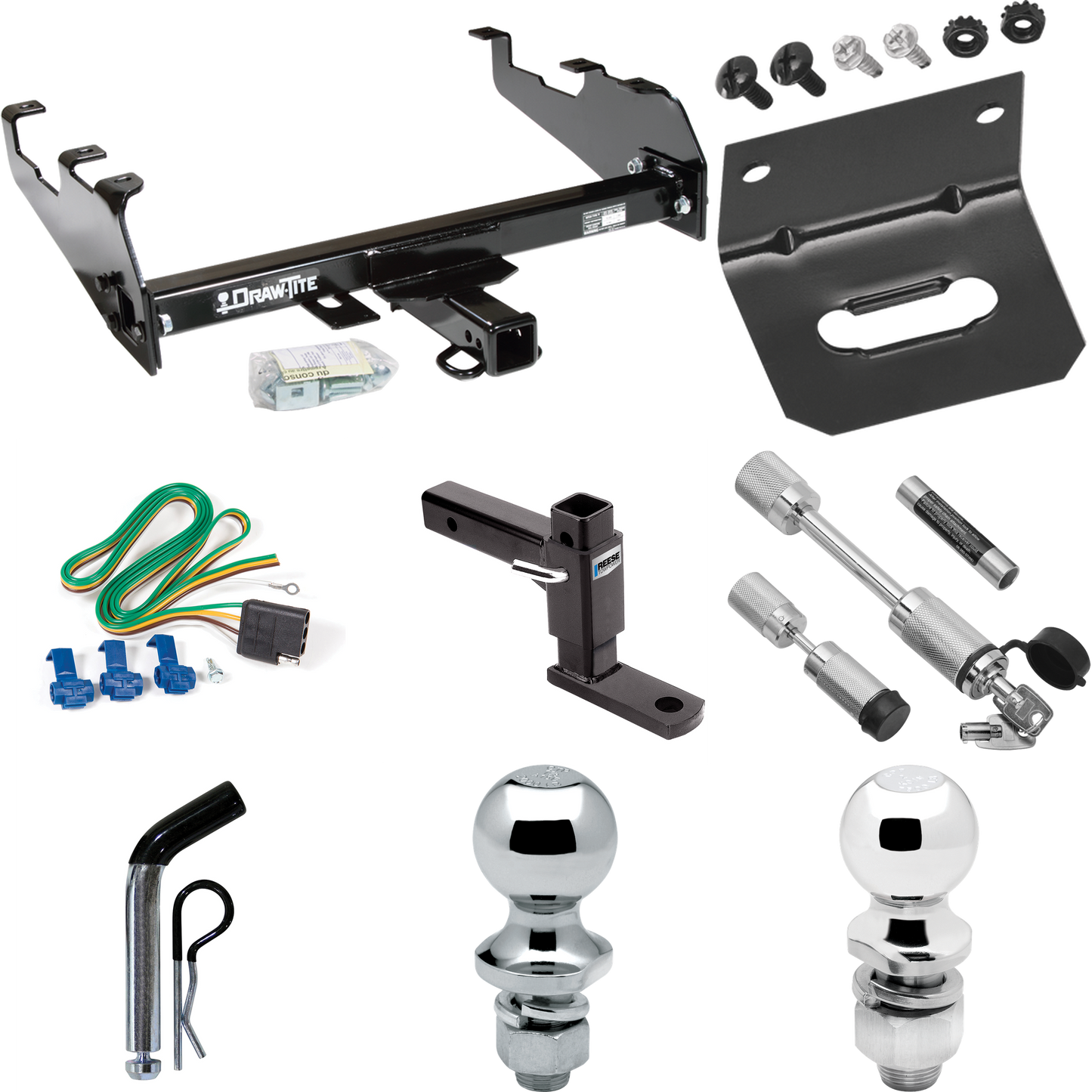 Fits 1985-1986 Chevrolet C20 Trailer Hitch Tow PKG w/ 4-Flat Wiring Harness + Adjustable Drop Rise Ball Mount + Pin/Clip + 2" Ball + 1-7/8" Ball + Dual Hitch & Coupler Locks (For w/Deep Drop Bumper Models) By Draw-Tite