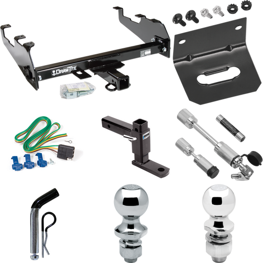 Fits 1985-1986 Chevrolet C20 Trailer Hitch Tow PKG w/ 4-Flat Wiring Harness + Adjustable Drop Rise Ball Mount + Pin/Clip + 2" Ball + 1-7/8" Ball + Dual Hitch & Coupler Locks (For w/Deep Drop Bumper Models) By Draw-Tite