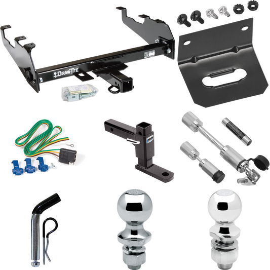 Fits 1967-1974 GMC K15 Trailer Hitch Tow PKG w/ 4-Flat Wiring Harness + Adjustable Drop Rise Ball Mount + Pin/Clip + 2" Ball + 1-7/8" Ball + Dual Hitch & Coupler Locks (For w/Deep Drop Bumper Models) By Draw-Tite