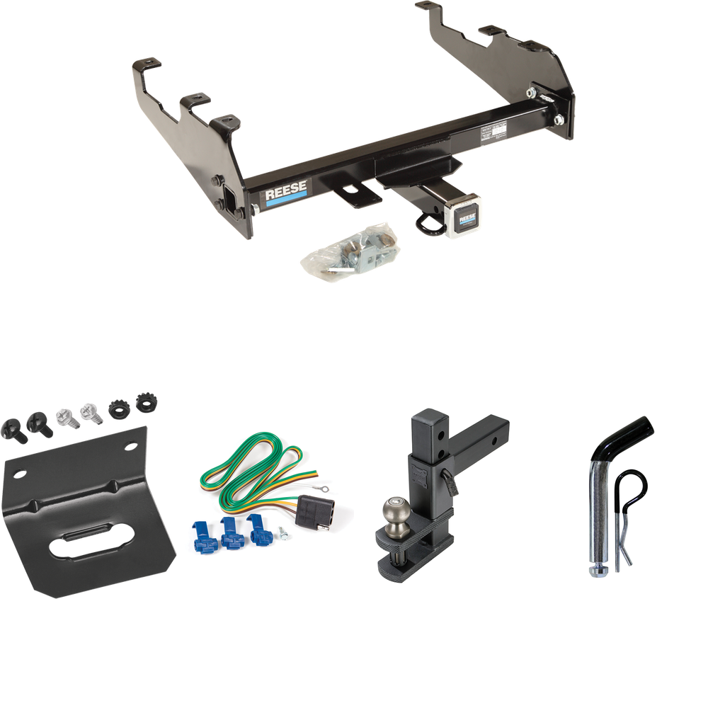 Fits 1980-1986 Ford F-350 Trailer Hitch Tow PKG w/ 4-Flat Wiring Harness + Adjustable Drop Rise Clevis Hitch Ball Mount w/ 2" Ball + Pin/Clip + Wiring Bracket (For w/Deep Drop Bumper, Except w/Custom Fascia Models) By Reese Towpower