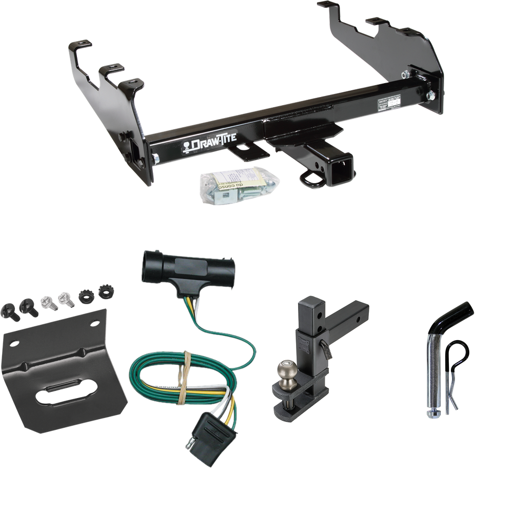 Fits 1973-1984 Chevrolet K30 Trailer Hitch Tow PKG w/ 4-Flat Wiring Harness + Adjustable Drop Rise Clevis Hitch Ball Mount w/ 2" Ball + Pin/Clip + Wiring Bracket (For w/Deep Drop Bumper Models) By Draw-Tite