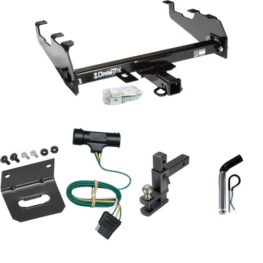 Fits 1973-1984 Chevrolet K30 Trailer Hitch Tow PKG w/ 4-Flat Wiring Harness + Adjustable Drop Rise Clevis Hitch Ball Mount w/ 2" Ball + Pin/Clip + Wiring Bracket (For w/Deep Drop Bumper Models) By Draw-Tite