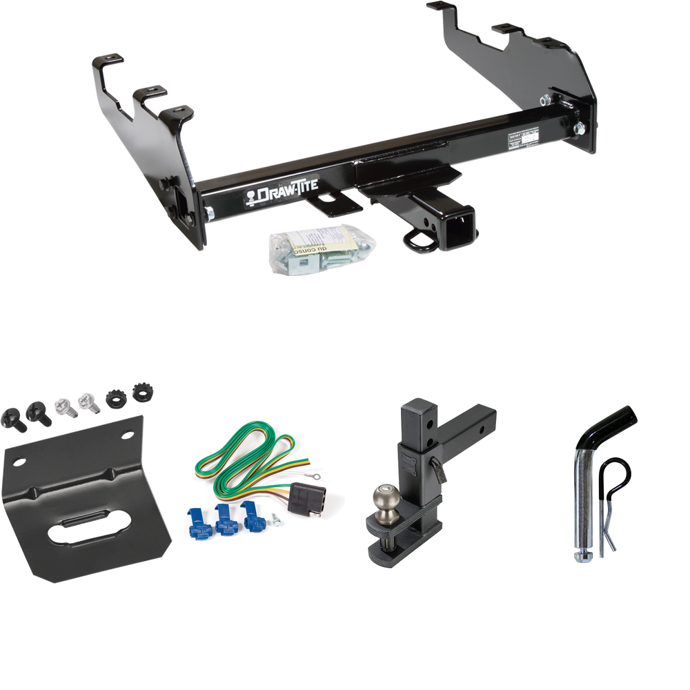 Fits 1978-1986 Ford Bronco Trailer Hitch Tow PKG w/ 4-Flat Wiring Harness + Adjustable Drop Rise Clevis Hitch Ball Mount w/ 2" Ball + Pin/Clip + Wiring Bracket (For w/Deep Drop Bumper Models) By Draw-Tite