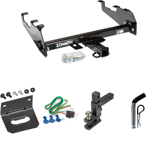 Fits 1980-1986 Ford F-250 Trailer Hitch Tow PKG w/ 4-Flat Wiring Harness + Adjustable Drop Rise Clevis Hitch Ball Mount w/ 2" Ball + Pin/Clip + Wiring Bracket (For w/Deep Drop Bumper, Except w/Custom Fascia Models) By Draw-Tite