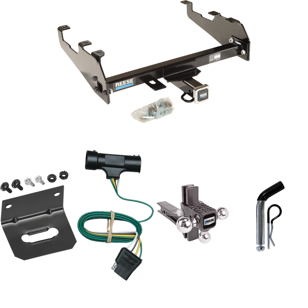 Fits 1979-1984 GMC K2500 Trailer Hitch Tow PKG w/ 4-Flat Wiring Harness + Adjustable Drop Rise Triple Ball Ball Mount 1-7/8" & 2" & 2-5/16" Trailer Balls + Pin/Clip + Wiring Bracket (For w/Deep Drop Bumper Models) By Reese Towpower