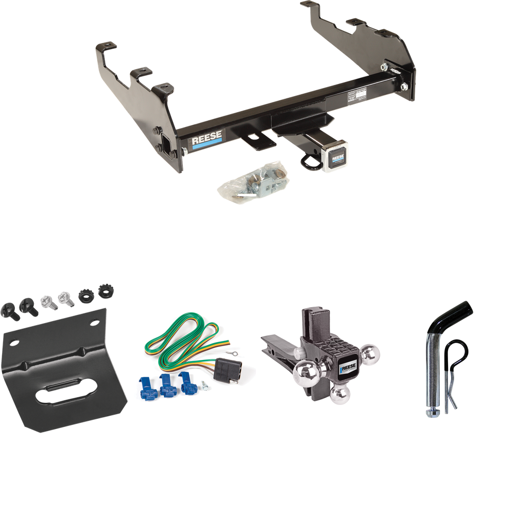 Fits 1967-1974 GMC K15 Trailer Hitch Tow PKG w/ 4-Flat Wiring Harness + Adjustable Drop Rise Triple Ball Ball Mount 1-7/8" & 2" & 2-5/16" Trailer Balls + Pin/Clip + Wiring Bracket (For w/Deep Drop Bumper Models) By Reese Towpower