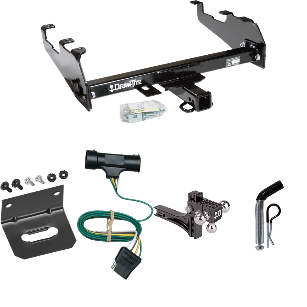 Fits 1973-1984 Chevrolet K10 Trailer Hitch Tow PKG w/ 4-Flat Wiring Harness + Adjustable Drop Rise Triple Ball Ball Mount 1-7/8" & 2" & 2-5/16" Trailer Balls + Pin/Clip + Wiring Bracket (For w/Deep Drop Bumper Models) By Draw-Tite