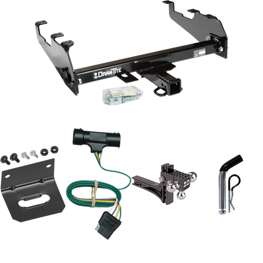 Fits 1973-1984 Chevrolet K10 Trailer Hitch Tow PKG w/ 4-Flat Wiring Harness + Adjustable Drop Rise Triple Ball Ball Mount 1-7/8" & 2" & 2-5/16" Trailer Balls + Pin/Clip + Wiring Bracket (For w/Deep Drop Bumper Models) By Draw-Tite