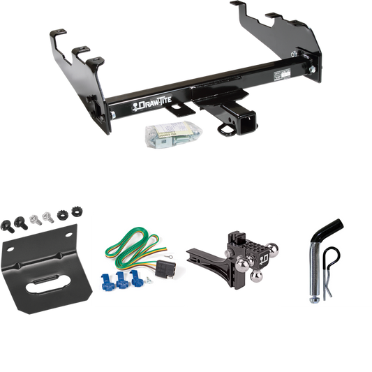 Fits 1977-1993 Dodge D150 Trailer Hitch Tow PKG w/ 4-Flat Wiring Harness + Adjustable Drop Rise Triple Ball Ball Mount 1-7/8" & 2" & 2-5/16" Trailer Balls + Pin/Clip + Wiring Bracket (For w/Deep Drop Bumper Models) By Draw-Tite