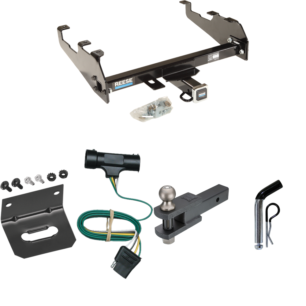 Fits 1973-1984 Chevrolet C30 Trailer Hitch Tow PKG w/ 4-Flat Wiring Harness + Clevis Hitch Ball Mount w/ 2" Ball + Pin/Clip + Wiring Bracket (For w/Deep Drop Bumper Models) By Reese Towpower