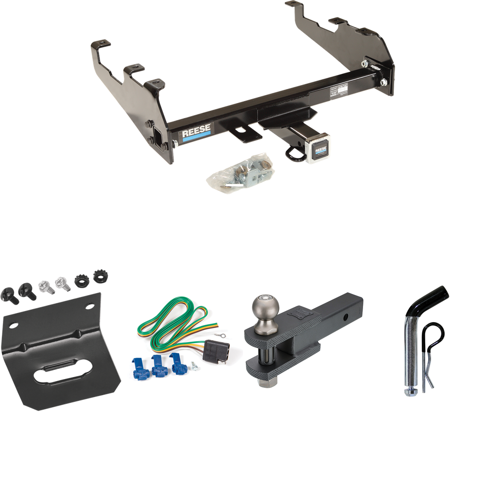 Fits 1980-1983 Ford F-100 Trailer Hitch Tow PKG w/ 4-Flat Wiring Harness + Clevis Hitch Ball Mount w/ 2" Ball + Pin/Clip + Wiring Bracket (For w/Deep Drop Bumper, Except w/Custom Fascia Models) By Reese Towpower