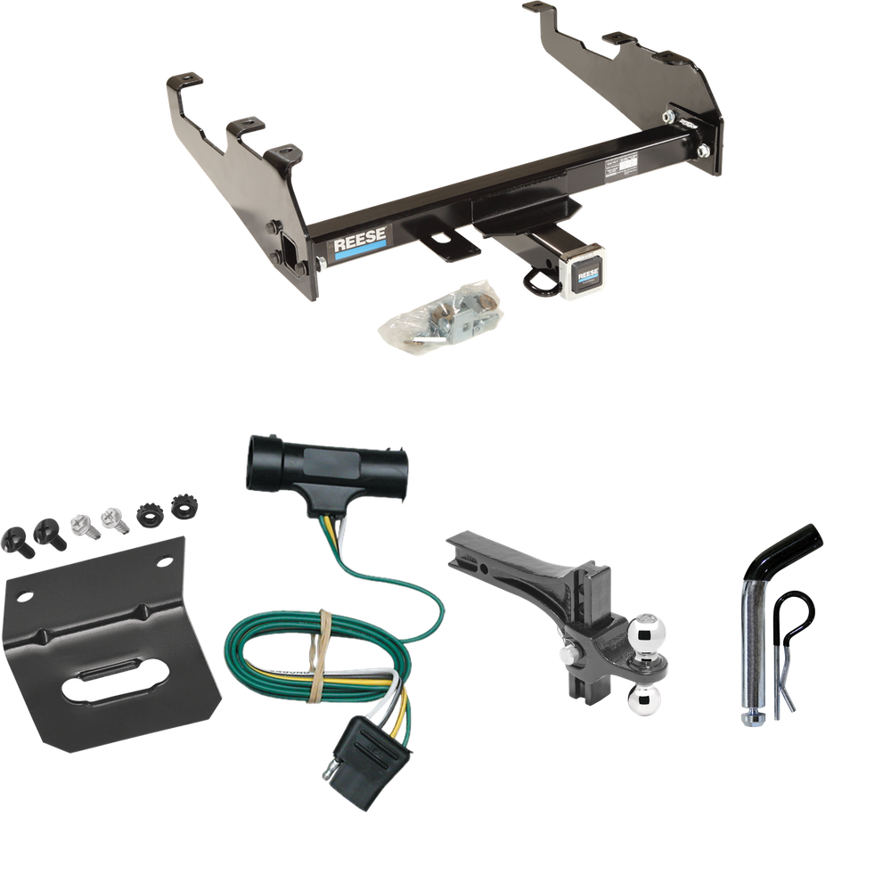 Fits 1979-1984 GMC C1500 Trailer Hitch Tow PKG w/ 4-Flat Wiring Harness + Dual Adjustable Drop Rise Ball Ball Mount 2" & 2-5/16" Trailer Balls + Pin/Clip + Wiring Bracket (For w/Deep Drop Bumper Models) By Reese Towpower