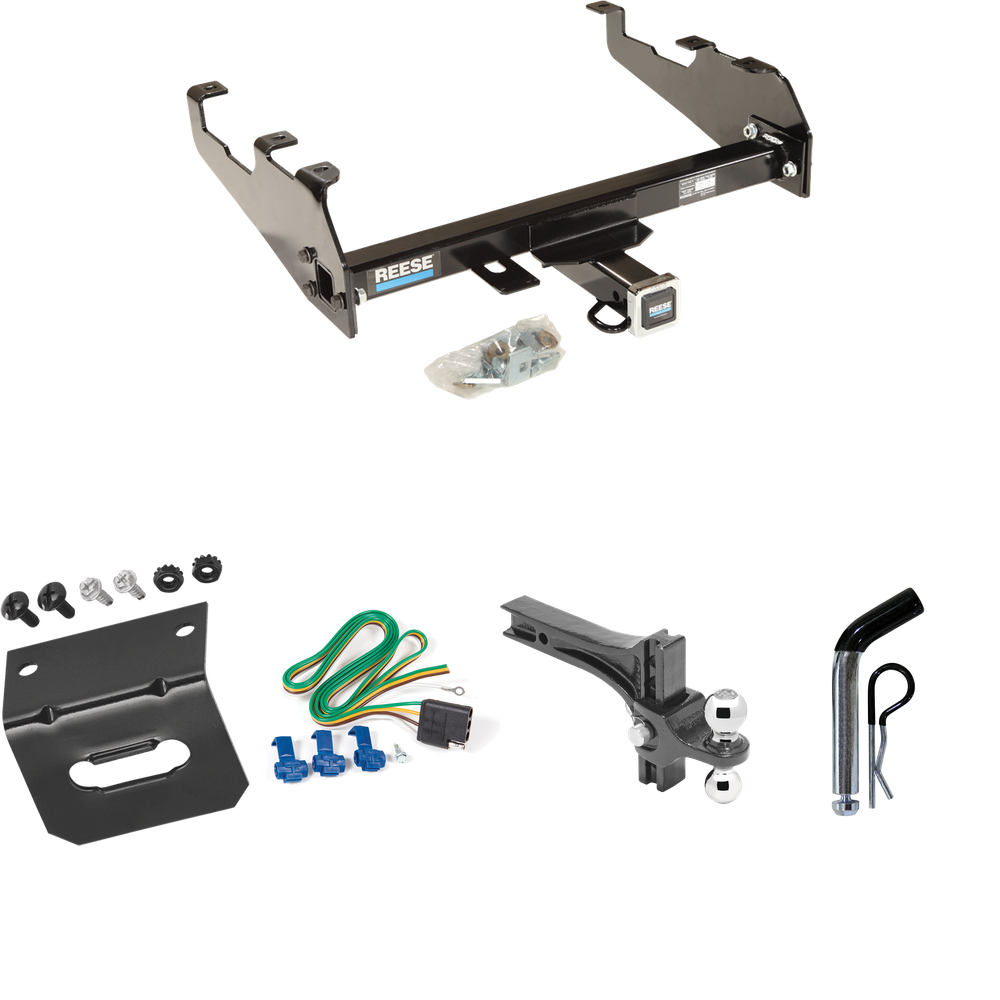 Fits 1978-1986 Ford Bronco Trailer Hitch Tow PKG w/ 4-Flat Wiring Harness + Dual Adjustable Drop Rise Ball Ball Mount 2" & 2-5/16" Trailer Balls + Pin/Clip + Wiring Bracket (For w/Deep Drop Bumper Models) By Reese Towpower