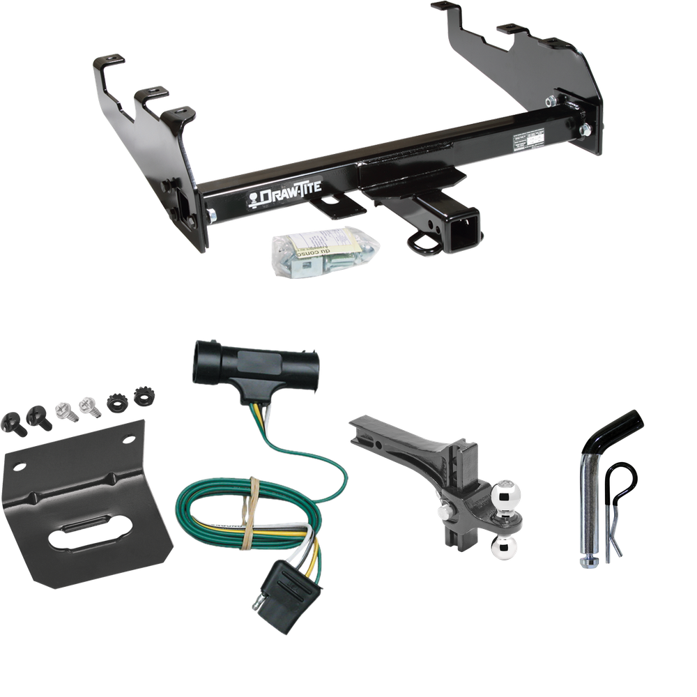 Fits 1973-1984 Chevrolet K10 Trailer Hitch Tow PKG w/ 4-Flat Wiring Harness + Dual Adjustable Drop Rise Ball Ball Mount 2" & 2-5/16" Trailer Balls + Pin/Clip + Wiring Bracket (For w/Deep Drop Bumper Models) By Draw-Tite