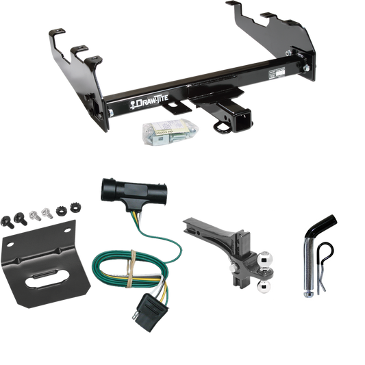 Fits 1973-1984 Chevrolet K10 Trailer Hitch Tow PKG w/ 4-Flat Wiring Harness + Dual Adjustable Drop Rise Ball Ball Mount 2" & 2-5/16" Trailer Balls + Pin/Clip + Wiring Bracket (For w/Deep Drop Bumper Models) By Draw-Tite