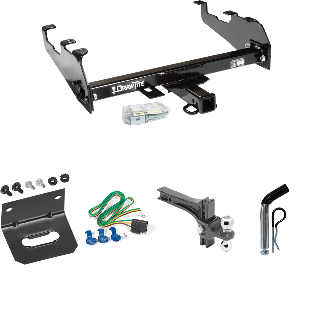 Fits 1963-1986 Chevrolet K20 Trailer Hitch Tow PKG w/ 4-Flat Wiring Harness + Dual Adjustable Drop Rise Ball Ball Mount 2" & 2-5/16" Trailer Balls + Pin/Clip + Wiring Bracket (For w/Deep Drop Bumper Models) By Draw-Tite