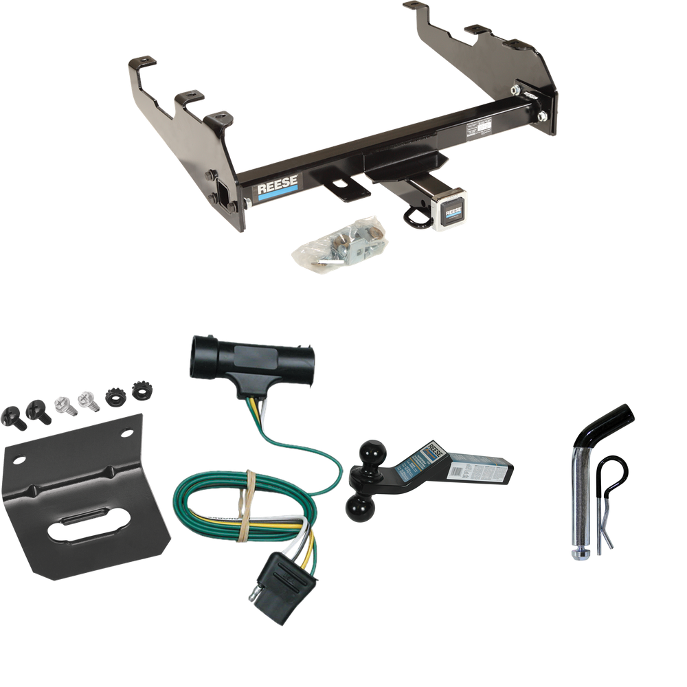 Fits 1973-1984 Chevrolet K10 Trailer Hitch Tow PKG w/ 4-Flat Wiring Harness + Dual Ball Ball Mount 2" & 2-5/16" Trailer Balls + Pin/Clip +  Wiring Bracket (For w/Deep Drop Bumper Models) By Reese Towpower