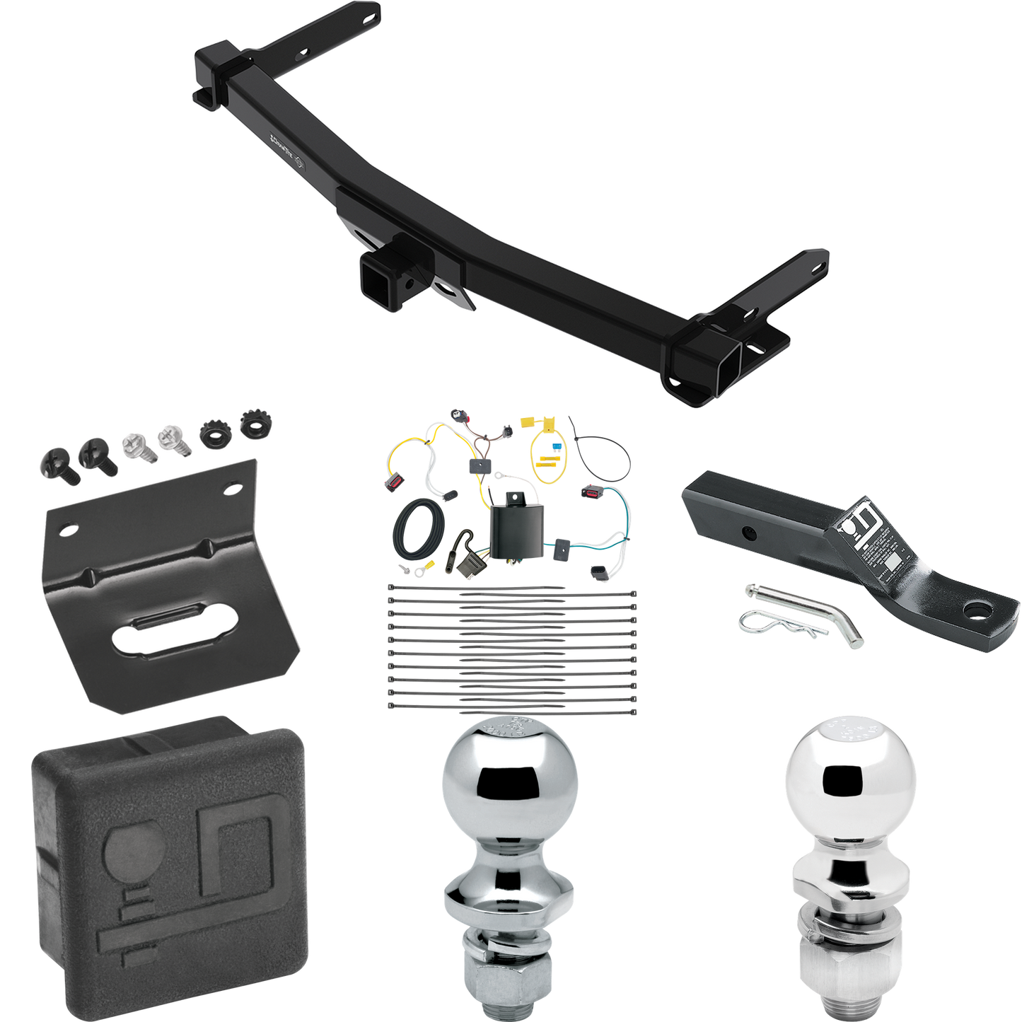 Fits 2014-2021 Jeep Grand Cherokee Trailer Hitch Tow PKG w/ 4-Flat Wiring + Ball Mount w/ 2" Drop & 2" Ball + 1-7/8" Ball + Wiring Bracket + Hitch Cover (For w/Removable OEM Fascia Panel Only Models) By Draw-Tite