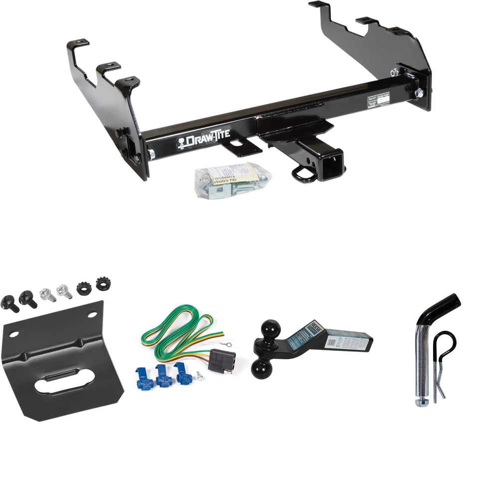 Fits 1989-1997 Ford F Super Duty Trailer Hitch Tow PKG w/ 4-Flat Wiring Harness + Dual Ball Ball Mount 2" & 2-5/16" Trailer Balls + Pin/Clip +  Wiring Bracket (For Cab & Chassis, w/34" Wide Frames & 161" Wheelbase & w/Deep Drop Bumper Models) By Draw