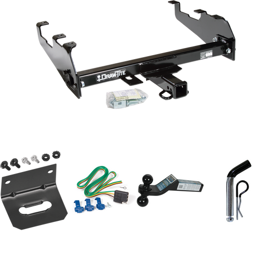 Fits 1989-1997 Ford F Super Duty Trailer Hitch Tow PKG w/ 4-Flat Wiring Harness + Dual Ball Ball Mount 2" & 2-5/16" Trailer Balls + Pin/Clip +  Wiring Bracket (For Cab & Chassis, w/34" Wide Frames & 161" Wheelbase & w/Deep Drop Bumper Models) By Draw