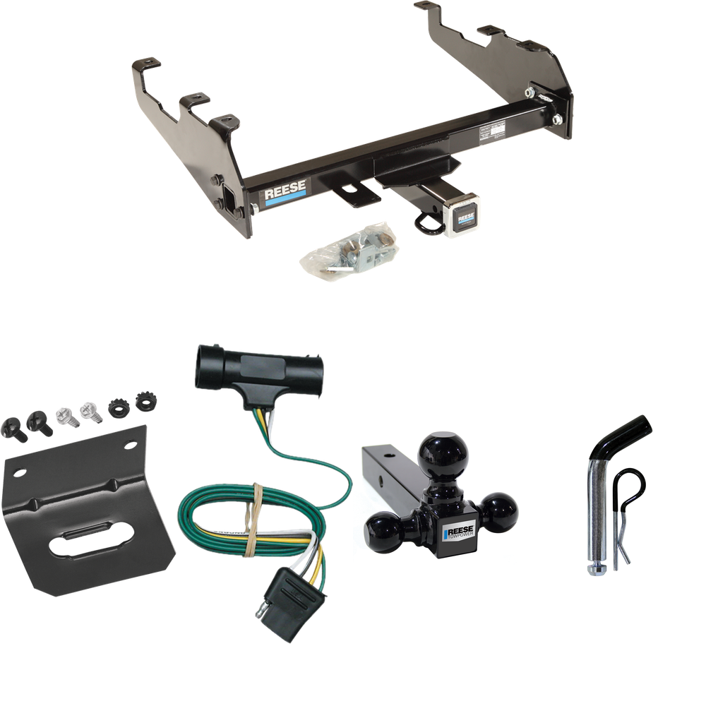 Fits 1975-1978 GMC K15 Trailer Hitch Tow PKG w/ 4-Flat Wiring Harness + Triple Ball Ball Mount 1-7/8" & 2" & 2-5/16" Trailer Balls + Pin/Clip + Wiring Bracket (For w/Deep Drop Bumper Models) By Reese Towpower