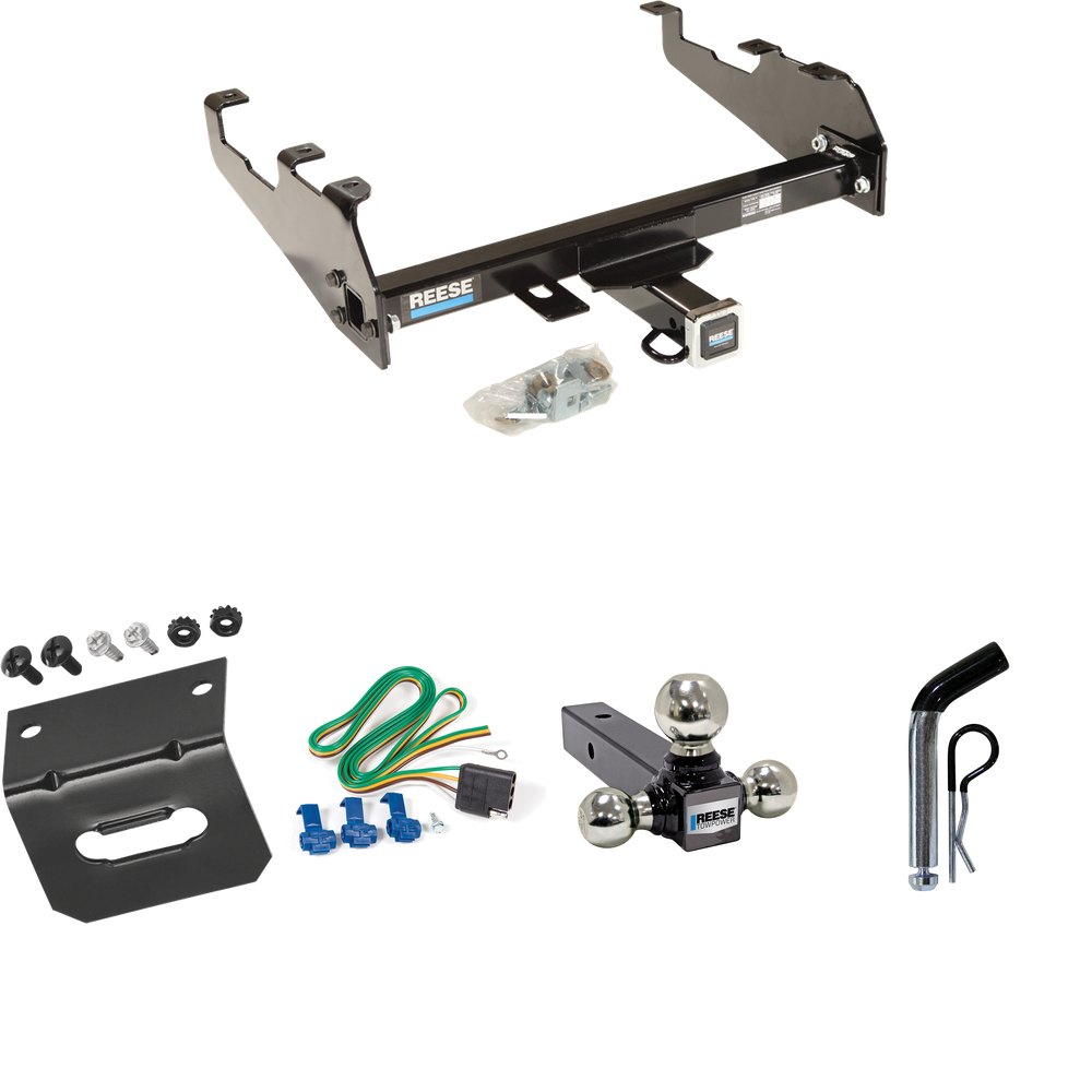 Fits 1963-1979 Ford F-100 Trailer Hitch Tow PKG w/ 4-Flat Wiring Harness + Triple Ball Ball Mount 1-7/8" & 2" & 2-5/16" Trailer Balls + Pin/Clip + Wiring Bracket (For w/Deep Drop Bumper Models) By Reese Towpower