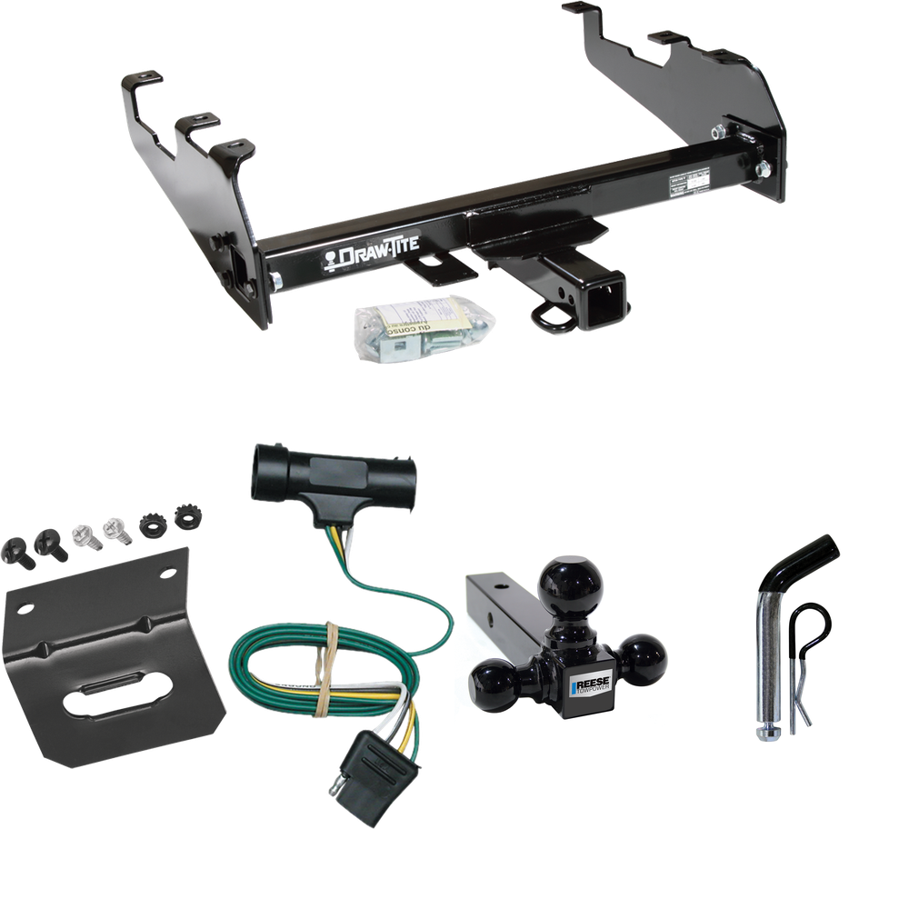 Fits 1973-1984 Chevrolet C30 Trailer Hitch Tow PKG w/ 4-Flat Wiring Harness + Triple Ball Ball Mount 1-7/8" & 2" & 2-5/16" Trailer Balls + Pin/Clip + Wiring Bracket (For w/Deep Drop Bumper Models) By Draw-Tite