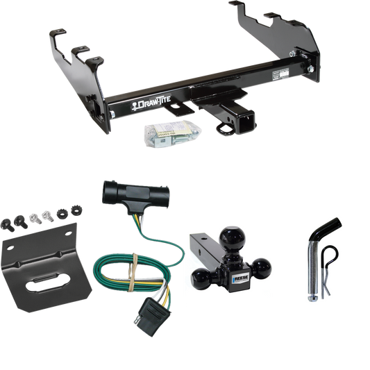 Fits 1973-1984 Chevrolet C30 Trailer Hitch Tow PKG w/ 4-Flat Wiring Harness + Triple Ball Ball Mount 1-7/8" & 2" & 2-5/16" Trailer Balls + Pin/Clip + Wiring Bracket (For w/Deep Drop Bumper Models) By Draw-Tite