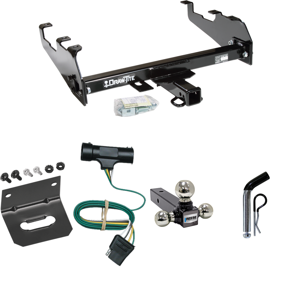 Fits 1979-1984 GMC K1500 Trailer Hitch Tow PKG w/ 4-Flat Wiring Harness + Triple Ball Ball Mount 1-7/8" & 2" & 2-5/16" Trailer Balls + Pin/Clip + Wiring Bracket (For w/Deep Drop Bumper Models) By Draw-Tite