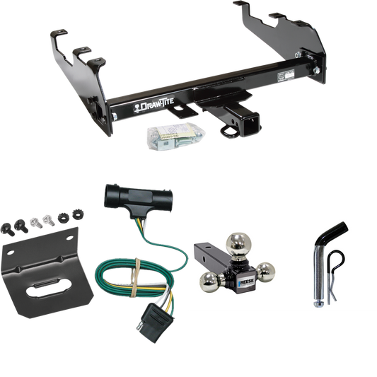 Fits 1979-1984 GMC K1500 Trailer Hitch Tow PKG w/ 4-Flat Wiring Harness + Triple Ball Ball Mount 1-7/8" & 2" & 2-5/16" Trailer Balls + Pin/Clip + Wiring Bracket (For w/Deep Drop Bumper Models) By Draw-Tite