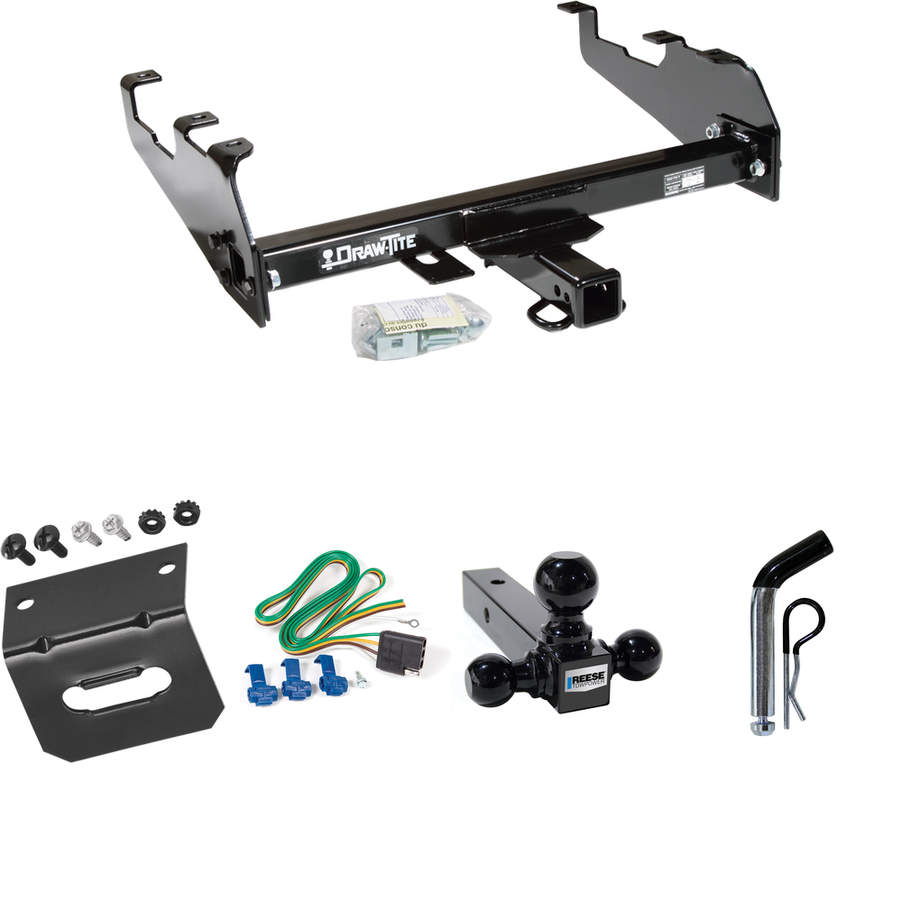 Fits 1963-1986 Chevrolet K20 Trailer Hitch Tow PKG w/ 4-Flat Wiring Harness + Triple Ball Ball Mount 1-7/8" & 2" & 2-5/16" Trailer Balls + Pin/Clip + Wiring Bracket (For w/Deep Drop Bumper Models) By Draw-Tite