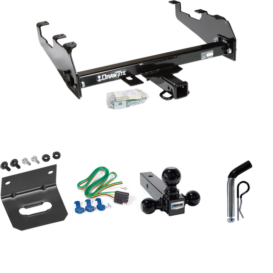 Fits 1963-1986 Chevrolet K20 Trailer Hitch Tow PKG w/ 4-Flat Wiring Harness + Triple Ball Ball Mount 1-7/8" & 2" & 2-5/16" Trailer Balls + Pin/Clip + Wiring Bracket (For w/Deep Drop Bumper Models) By Draw-Tite