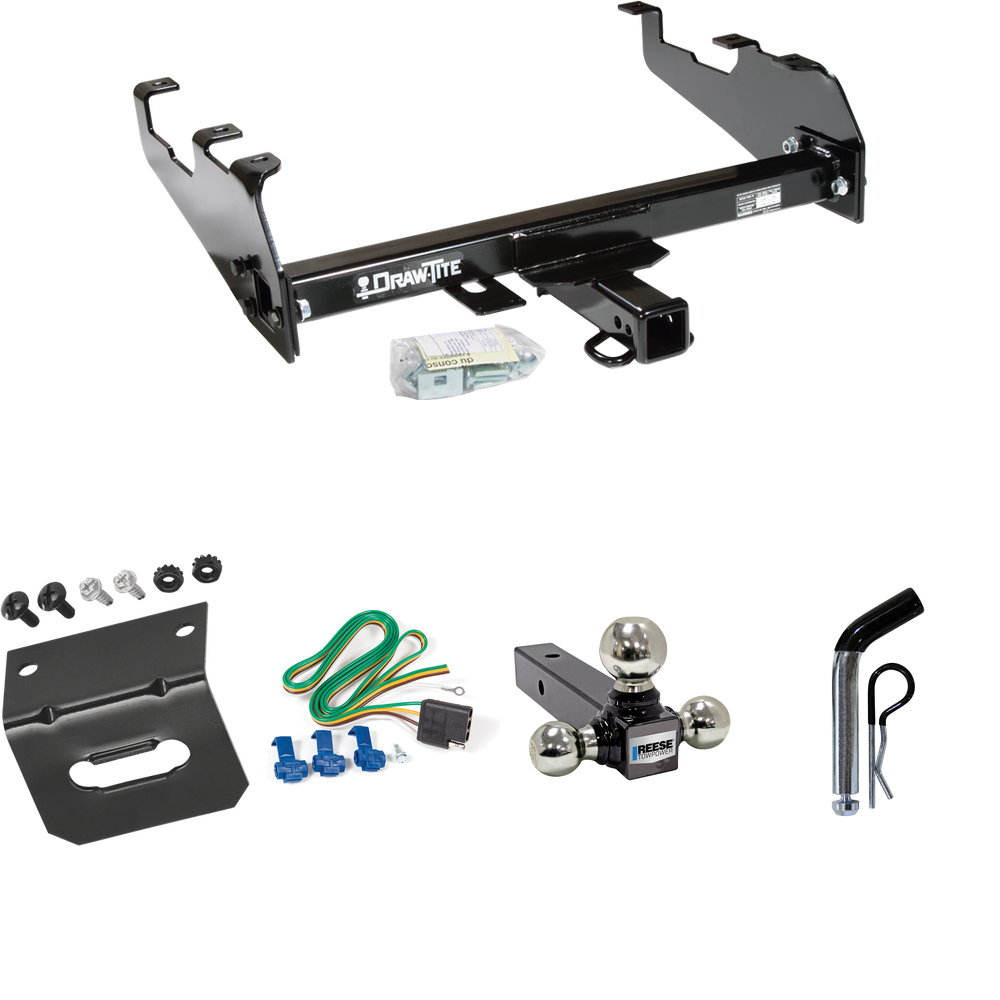 Fits 1981-1985 Dodge D350 Trailer Hitch Tow PKG w/ 4-Flat Wiring Harness + Triple Ball Ball Mount 1-7/8" & 2" & 2-5/16" Trailer Balls + Pin/Clip + Wiring Bracket (For w/Deep Drop Bumper Models) By Draw-Tite