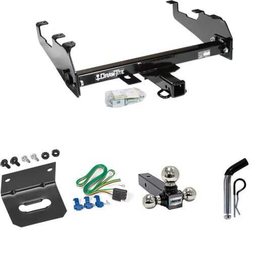 Fits 1981-1985 Dodge D350 Trailer Hitch Tow PKG w/ 4-Flat Wiring Harness + Triple Ball Ball Mount 1-7/8" & 2" & 2-5/16" Trailer Balls + Pin/Clip + Wiring Bracket (For w/Deep Drop Bumper Models) By Draw-Tite