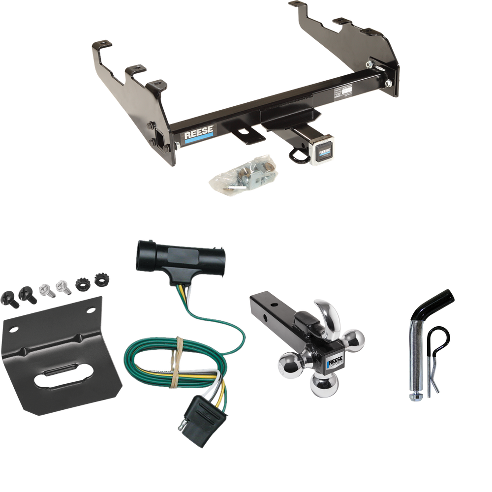 Fits 1979-1984 GMC K2500 Trailer Hitch Tow PKG w/ 4-Flat Wiring Harness + Triple Ball Ball Mount 1-7/8" & 2" & 2-5/16" Trailer Balls w/ Tow Hook + Pin/Clip + Wiring Bracket (For w/Deep Drop Bumper Models) By Reese Towpower