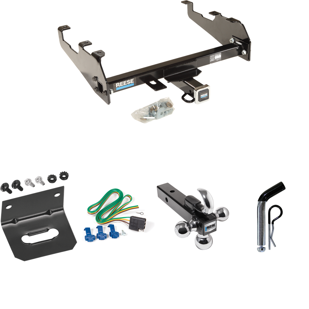 Fits 1967-1974 GMC K15 Trailer Hitch Tow PKG w/ 4-Flat Wiring Harness + Triple Ball Ball Mount 1-7/8" & 2" & 2-5/16" Trailer Balls w/ Tow Hook + Pin/Clip + Wiring Bracket (For w/Deep Drop Bumper Models) By Reese Towpower