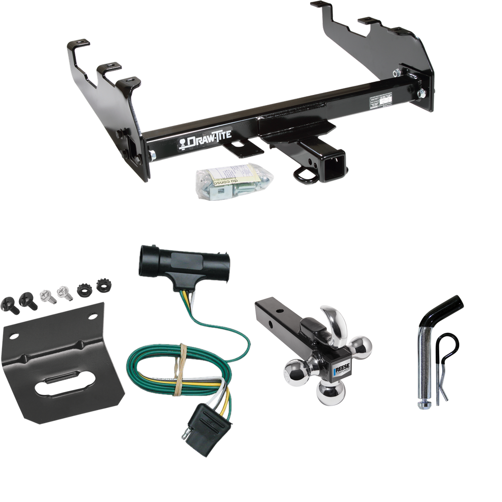 Fits 1973-1984 Chevrolet K30 Trailer Hitch Tow PKG w/ 4-Flat Wiring Harness + Triple Ball Ball Mount 1-7/8" & 2" & 2-5/16" Trailer Balls w/ Tow Hook + Pin/Clip + Wiring Bracket (For w/Deep Drop Bumper Models) By Draw-Tite