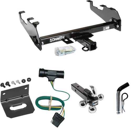 Fits 1973-1984 Chevrolet K30 Trailer Hitch Tow PKG w/ 4-Flat Wiring Harness + Triple Ball Ball Mount 1-7/8" & 2" & 2-5/16" Trailer Balls w/ Tow Hook + Pin/Clip + Wiring Bracket (For w/Deep Drop Bumper Models) By Draw-Tite