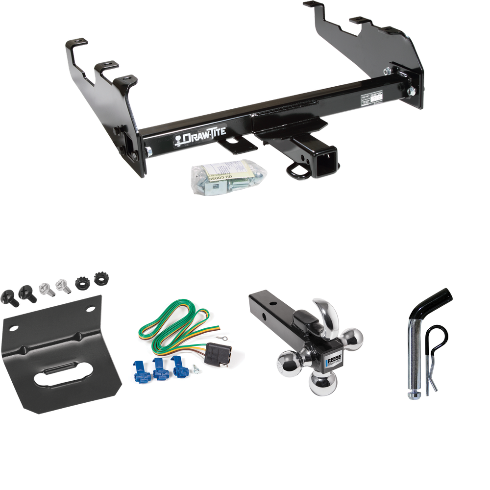 Fits 1980-1983 Ford F-100 Trailer Hitch Tow PKG w/ 4-Flat Wiring Harness + Triple Ball Ball Mount 1-7/8" & 2" & 2-5/16" Trailer Balls w/ Tow Hook + Pin/Clip + Wiring Bracket (For w/Deep Drop Bumper, Except w/Custom Fascia Models) By Draw-Tite